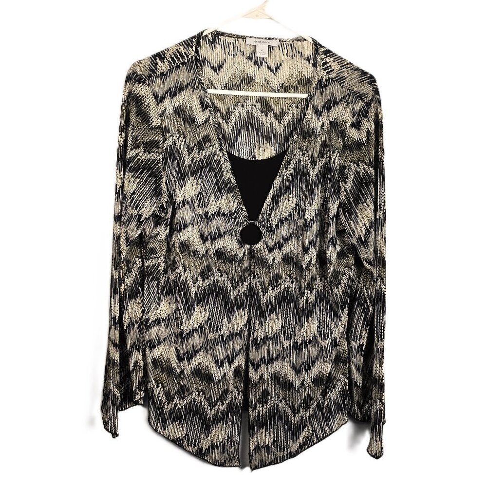 DressBarn Womens Top XL Long Sleeve ZigZag Black White Metallic Silver Gold